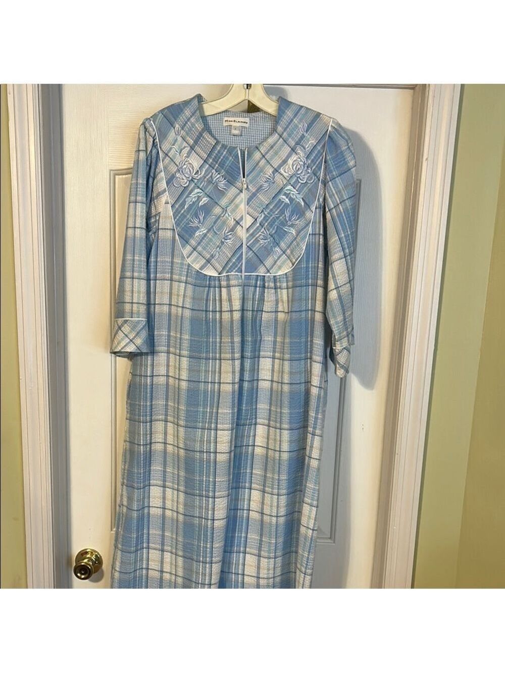 Miss Elaine Blue Plaid Nightgown with Embroidery. Seersucker fabric. Size S.